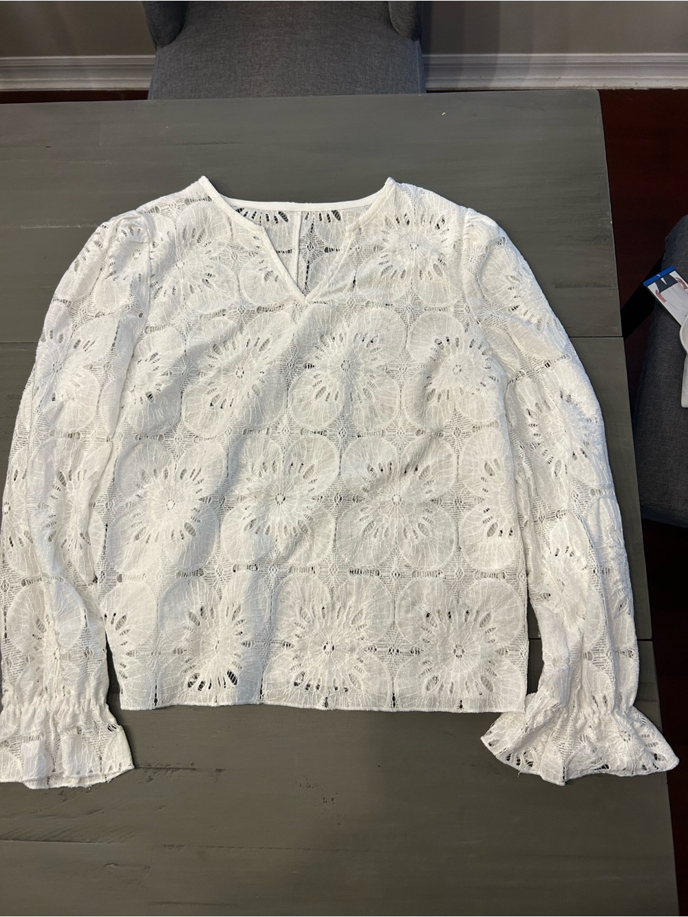 White Eyelet Lace V-Neck Blouse with Ruffle Cuffs